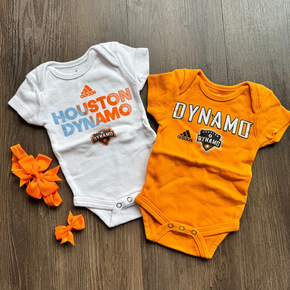 Adidas Infant Houston Dynamo Bodysuits 6/9 Mo MLS Soccer One Pc Headband Bow Lot